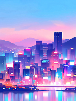 JPG 일러스트 산 사람없음 빛 강 도시풍경 컬러풀 노을 보라색 고층빌딩 감성 스카이라인 빌딩숲 몽환 국내일러스트 AI일러스트 AI콘텐츠 자연요소 컬러 컨셉 풍경 빌딩 도시 파일형식