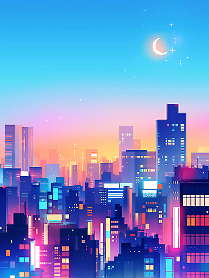 JPG 야경 일러스트 밤하늘 사람없음 빛 반짝임 도시풍경 컬러풀 고층빌딩 달 감성 스카이라인 빌딩숲 몽환 국내일러스트 AI일러스트 AI콘텐츠 자연요소 컬러 컨셉 모션 하늘 풍경 빌딩 도시 야간 파일형식 풍경_경치