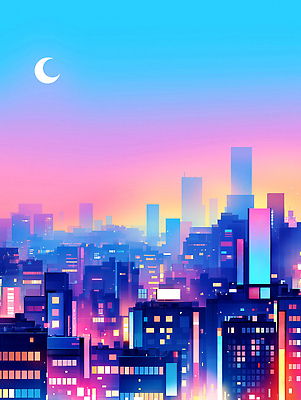 JPG 야경 일러스트 밤하늘 사람없음 빛 도시풍경 컬러풀 고층빌딩 달 감성 그라데이션 스카이라인 빌딩숲 몽환 국내일러스트 AI일러스트 AI콘텐츠 자연요소 컬러 컨셉 하늘 풍경 빌딩 도시 야간 파일형식 풍경_경치