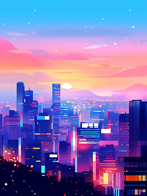 JPG 구름 일러스트 사람없음 빛 도시풍경 컬러풀 햇빛 노을 고층빌딩 감성 스카이라인 빌딩숲 몽환 국내일러스트 AI일러스트 AI콘텐츠 자연요소 컬러 컨셉 풍경 빌딩 태양 도시 파일형식