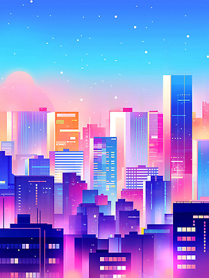 JPG 일러스트 밤하늘 사람없음 빛 도시풍경 컬러풀 노을 보라색 고층빌딩 감성 스카이라인 빌딩숲 몽환 국내일러스트 AI일러스트 AI콘텐츠 자연요소 컬러 컨셉 하늘 풍경 빌딩 도시 야간 파일형식