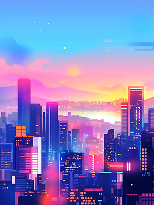 JPG 일러스트 산 사람없음 빛 강 도시풍경 컬러풀 노을 고층빌딩 감성 스카이라인 빌딩숲 몽환 국내일러스트 AI일러스트 AI콘텐츠 자연요소 컬러 컨셉 풍경 빌딩 도시 파일형식