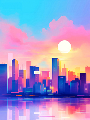 JPG 구름 일러스트 사람없음 빛 강 도시풍경 컬러풀 햇빛 반사 노을 고층빌딩 감성 스카이라인 빌딩숲 몽환 국내일러스트 AI일러스트 AI콘텐츠 자연요소 컬러 컨셉 풍경 빌딩 태양 도시 파일형식