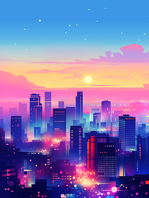 JPG 구름 일러스트 사람없음 빛 도시풍경 컬러풀 햇빛 노을 보라색 고층빌딩 보케 감성 스카이라인 빌딩숲 몽환 국내일러스트 AI일러스트 AI콘텐츠 자연요소 컬러 컨셉 풍경 빌딩 태양 도시 파일형식