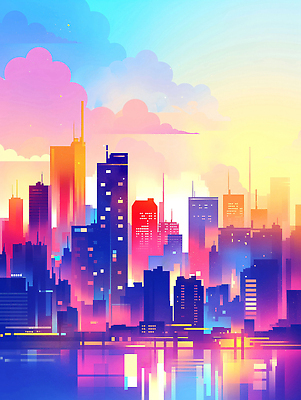 JPG 구름 일러스트 사람없음 빛 강 도시풍경 컬러풀 햇빛 반사 노을 보라색 고층빌딩 감성 스카이라인 빌딩숲 몽환 국내일러스트 AI일러스트 AI콘텐츠 자연요소 컬러 컨셉 풍경 빌딩 태양 도시 파일형식