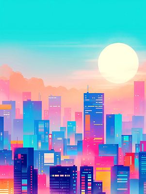 JPG 야경 일러스트 밤하늘 사람없음 빛 도시풍경 컬러풀 고층빌딩 달 감성 스카이라인 빌딩숲 몽환 국내일러스트 AI일러스트 AI콘텐츠 자연요소 컬러 컨셉 하늘 풍경 빌딩 도시 야간 파일형식 풍경_경치