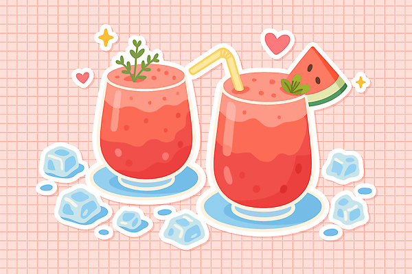 분홍색 스티커 잎 일러스트 잔 빨대 사람없음 여름 반짝임 귀여움 얼음 하트 시원함 허브 컵받침 냉음료 수박조각 수박주스 국내일러스트 AI파일 자연요소 모양 식물 식기 계절 음료 컬러 조각 컨셉 모션 수박 과일주스 받침대 파일형식 벡터
