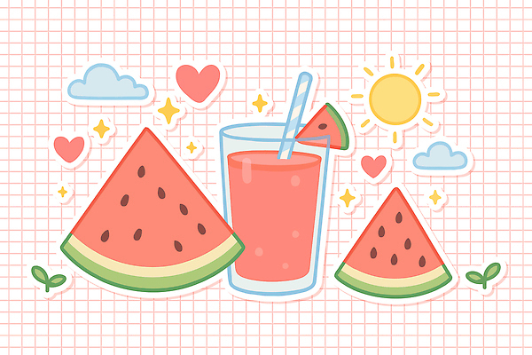 구름 분홍색 스티커 일러스트 잔 빨대 사람없음 여름 반짝임 태양 새싹 귀여움 하트 시원함 냉음료 수박조각 수박주스 국내일러스트 AI파일 자연요소 모양 식물 식기 계절 음료 컬러 조각 컨셉 모션 수박 과일주스 파일형식 벡터