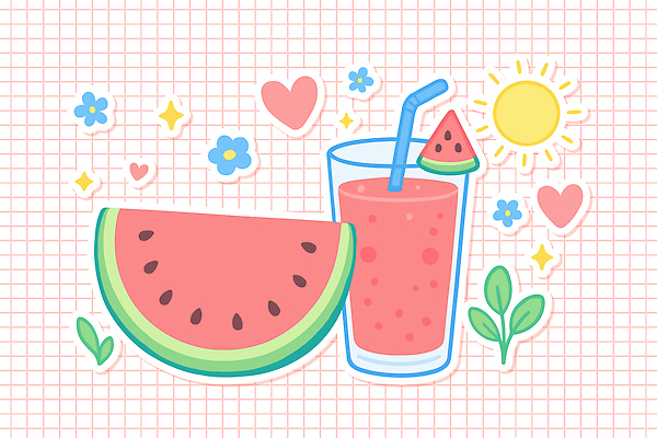 꽃 분홍색 스티커 잎 일러스트 잔 사람없음 여름 반짝임 태양 귀여움 하트 시원함 냉음료 수박조각 수박주스 국내일러스트 AI파일 자연요소 모양 식물 식기 계절 음료 컬러 조각 컨셉 모션 수박 과일주스 파일형식 벡터