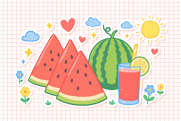 구름 꽃 분홍색 스티커 일러스트 잔 사람없음 여름 반짝임 태양 귀여움 하트 시원함 라임 냉음료 레몬장식 수박조각 수박주스 국내일러스트 AI파일 자연요소 모양 식물 식기 계절 음료 컬러 조각 컨셉 과일 모션 수박 장식 과일주스 레몬 파일형식 벡터