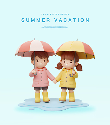 전신 PSD 편집이미지 여자 남자 어린이 우산 여름방학 장화 미소 들기 소녀 소년 두명 3D 손잡기 웅덩이 우비 장마 어린이만 편집3D 옷 신발 모션 방학 표정 사람 비_날씨 디지털합성 파일형식 여름_계절