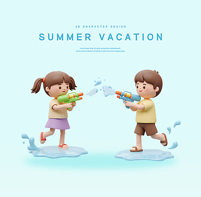 전신 PSD 편집이미지 여자 남자 어린이 여름방학 웃음 들기 소녀 소년 두명 3D 발사 즐거움 튀는물 웅덩이 물총 총쏘기 어린이만 편집3D 감정 모션 방학 표정 사람 디지털합성 액체표현 스플래쉬 파일형식 여름_계절