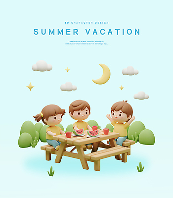 전신 PSD 구름 편집이미지 여자 남자 어린이 벤치 여름방학 미소 앉기 소녀 소년 컵 세명 반짝임 3D 만세 달 풀 수박조각 야외테이블 어린이만 편집3D 자연요소 식물 식기 조각 의자 모션 탁자 방학 수박 표정 사람 디지털합성 파일형식 여름_계절
