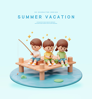 전신 PSD 편집이미지 여자 남자 어린이 낚시 여름방학 어류 미소 들기 앉기 소녀 소년 세명 반짝임 3D 항구 낚싯대 연잎 어린이만 편집3D 잎 교통시설 모션 레저 방학 표정 사람 수중동물 낚시용품 디지털합성 파일형식 여름_계절