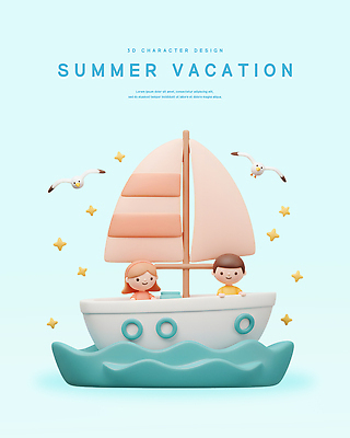 PSD 편집이미지 여자 남자 별 물결 어린이 바다 갈매기 여름방학 미소 소녀 소년 상반신 두명 반짝임 3D 잡기 승차 돗단배 어린이만 편집3D 자연요소 배_교통 모션 조류 방학 표정 사람 디지털합성 파일형식 여름_계절