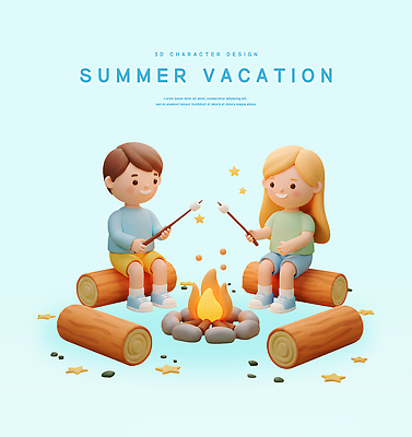 전신 PSD 편집이미지 여자 남자 별 어린이 여름방학 웃음 들기 앉기 소녀 소년 두명 3D 꼬치 모닥불 굽기 통나무 마시멜로우 어린이만 편집3D 자연요소 나무 모션 불 방학 디저트 표정 사람 구이 디지털합성 파일형식 여름_계절