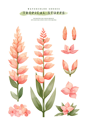 PSD 꽃 분홍색 잎 일러스트 열대 수채화 사람없음 여름 열대식물 열대꽃 헬리코니아 트로피컬아트 국내일러스트 식물 계절 컬러 그림 파일형식