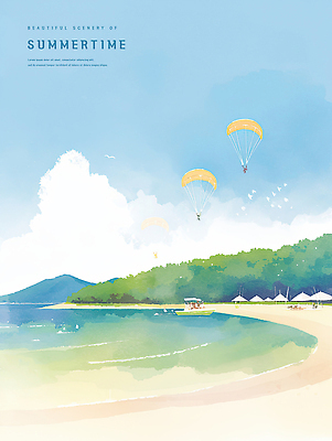 PSD 구름 일러스트 하늘 수채화 산 여러명 성인 해변 모래사장 여름풍경 파라솔 보트 감성 패러글라이딩 새떼 성인만 국내일러스트 자연요소 스포츠 바다 다수 컨셉 배_교통 조류 사람 풍경 파일형식 여름_계절