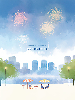 전신 PSD 여자 남자 가로등 의자 일러스트 밤하늘 수채화 불꽃놀이 앉기 성인 건물 세명 파란색 강 여름풍경 도시 파라솔 감성 야외테이블 여름밤 성인만 국내일러스트 건축물 공공시설 컬러 가구 컨셉 모션 놀이 탁자 하늘 사람 풍경 여름 야간 파일형식 여름_계절