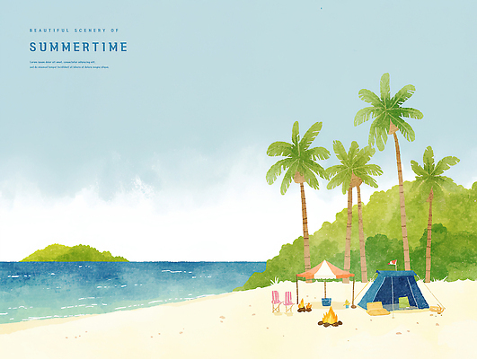 PSD 섬 일러스트 수채화 텐트 해변 사람없음 모래사장 야자수 여름풍경 캠핑 숲 모닥불 천막 감성 캠핑의자 국내일러스트 나무 바다 컨셉 의자 불 레저 캠핑도구 풍경 파일형식 여름_계절