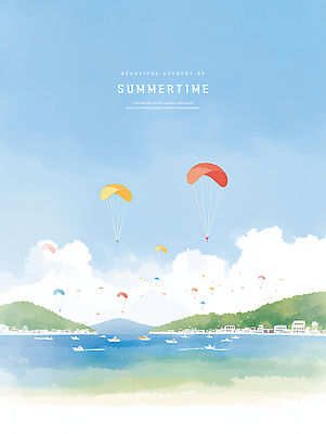 PSD 구름 바다 하늘색 일러스트 하늘 수채화 산 사람없음 여름풍경 보트 해안도시 감성 패러글라이딩 국내일러스트 자연요소 스포츠 컨셉 배_교통 풍경 파란색 도시 파일형식 여름_계절