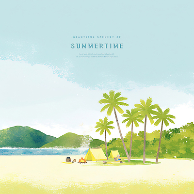 PSD 하늘색 일러스트 수채화 산 텐트 해변 사람없음 모래사장 야자수 여름풍경 캠핑 하나님 숲 강가 모닥불 감성 국내일러스트 나무 바다 컨셉 불 레저 캠핑도구 풍경 파란색 강 신_종교 파일형식 여름_계절