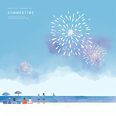 PSD 구름 여자 남자 어린이 하늘색 일러스트 하늘 수채화 불꽃놀이 소년 여러명 성인 해변 모래사장 여름풍경 파라솔 가부좌 감성 수평선 국내일러스트 자연요소 바다 다수 컨셉 놀이 사람 앉기 풍경 파란색 파일형식 여름_계절