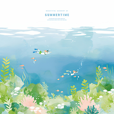 전신 PSD 물결 바다 일러스트 수채화 어류 성인 두명 수중 여름풍경 바위 해조류 산호초 잠수부 잠수 공기방울 감성 잠수복 성인만 국내일러스트 옷 컨셉 사람 풍경 수중동물 돌_바위 수중식물 해양식물 전문직 파일형식 여름_계절