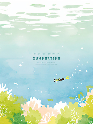 PSD 바다 일러스트 수채화 어류 한명 성인 파란색 수중 여름풍경 산호초 잠수부 잠수 감성 잠수복 성인한명만 윤슬 국내일러스트 1 옷 물결 컬러 컨셉 사람 풍경 수중동물 수중식물 전문직 성인만 파일형식 여름_계절