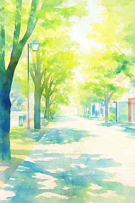 JPG 나무 공원 길 가로등 일러스트 거리 따뜻함 사람없음 초록색 빛 햇빛 봄풍경 가로수 국내일러스트 AI일러스트 AI콘텐츠 식물 공공시설 컬러 풍경 태양 봄 파일형식