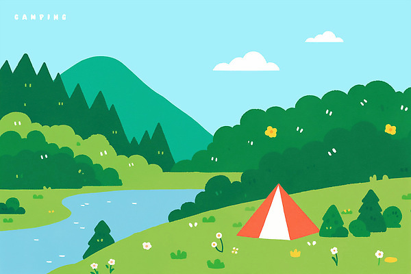 PSD 나무 구름 꽃 일러스트 자연 하늘 산 텐트 풍경 사람없음 초록색 강 캠핑장 자연휴양림 국내일러스트 자연요소 식물 컬러 캠핑도구 캠핑 생태계 휴양림 파일형식