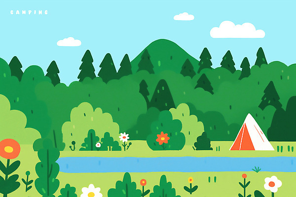PSD 나무 구름 꽃 일러스트 자연 하늘 산 텐트 풍경 사람없음 초록색 개울 캠핑장 자연휴양림 국내일러스트 자연요소 식물 컬러 캠핑도구 강 캠핑 생태계 휴양림 파일형식