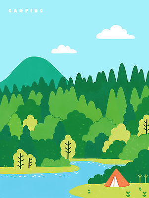 PSD 나무 구름 일러스트 자연 하늘 산 텐트 풍경 사람없음 초록색 강 캠핑장 자연휴양림 국내일러스트 자연요소 식물 컬러 캠핑도구 캠핑 생태계 휴양림 파일형식
