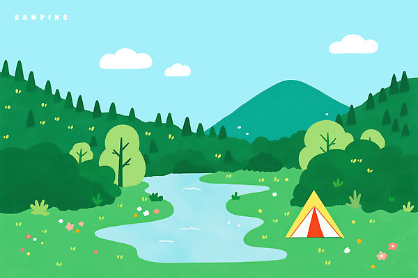 PSD 나무 구름 꽃 일러스트 자연 하늘 산 텐트 풍경 사람없음 초록색 개울 캠핑장 자연휴양림 국내일러스트 자연요소 식물 컬러 캠핑도구 강 캠핑 생태계 휴양림 파일형식