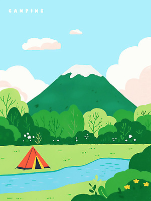 PSD 나무 구름 꽃 일러스트 자연 하늘 산 텐트 풍경 사람없음 초록색 개울 캠핑장 자연휴양림 국내일러스트 자연요소 식물 컬러 캠핑도구 강 캠핑 생태계 휴양림 파일형식