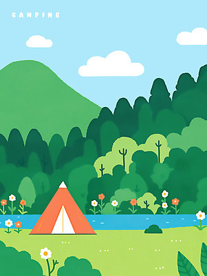 PSD 나무 구름 꽃 일러스트 자연 하늘 산 텐트 풍경 사람없음 초록색 개울 캠핑장 자연휴양림 국내일러스트 자연요소 식물 컬러 캠핑도구 강 캠핑 생태계 휴양림 파일형식