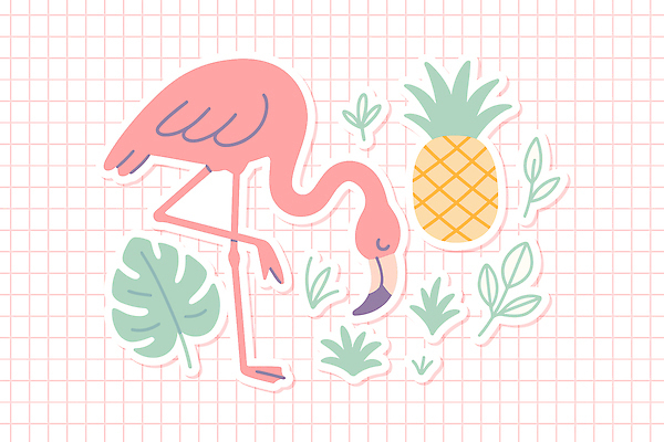 분홍색 스티커 일러스트 고개숙이기 사람없음 세트 플라밍고 파인애플 다리들기 엘리먼트 열대잎 일러캐릭터 AI파일 캐릭터 컬러 잎 과일 모션 조류 숙이기 열대과일 파일형식 벡터