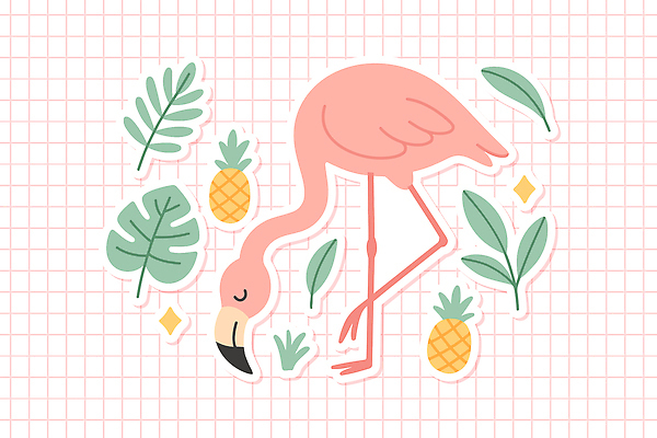 분홍색 스티커 일러스트 고개숙이기 사람없음 반짝임 세트 플라밍고 파인애플 다리들기 엘리먼트 열대잎 일러캐릭터 AI파일 캐릭터 컬러 잎 과일 모션 조류 숙이기 열대과일 파일형식 벡터