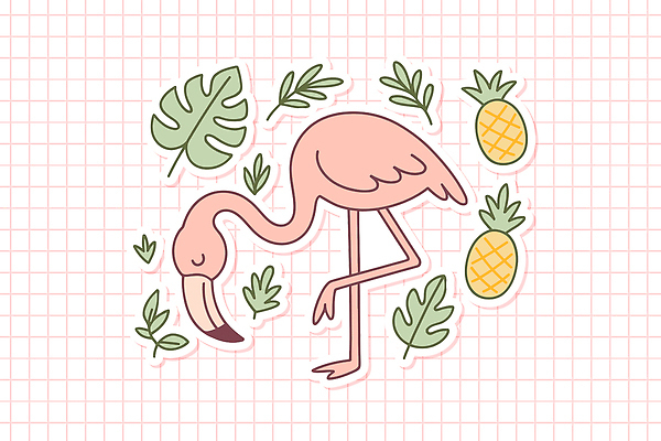 분홍색 스티커 일러스트 고개숙이기 사람없음 세트 플라밍고 파인애플 다리들기 엘리먼트 열대잎 일러캐릭터 AI파일 캐릭터 컬러 잎 과일 모션 조류 숙이기 열대과일 파일형식 벡터