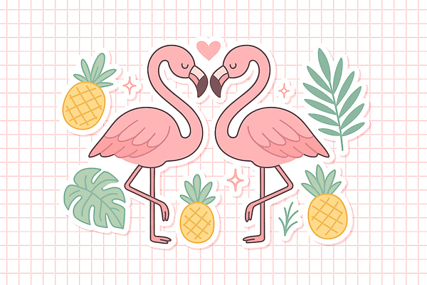 커플 분홍색 스티커 일러스트 사람없음 반짝임 세트 하트 짝 플라밍고 파인애플 맞대기 다리들기 엘리먼트 열대잎 일러캐릭터 AI파일 모양 캐릭터 컬러 잎 과일 관계 모션 조류 열대과일 파일형식 벡터