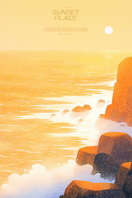 PSD 물결 일러스트 하늘 풍경 사람없음 태양 노을 주황색 바위 국내일러스트 자연요소 컬러 돌_바위 파일형식