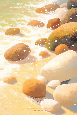 PSD 물결 일러스트 풍경 해변 사람없음 노을 주황색 조약돌 국내일러스트 자연요소 바다 컬러 돌_바위 파일형식