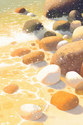 PSD 물결 일러스트 풍경 해변 사람없음 노을 주황색 조약돌 국내일러스트 자연요소 바다 컬러 돌_바위 파일형식