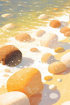PSD 물결 일러스트 풍경 해변 사람없음 노을 주황색 조약돌 국내일러스트 자연요소 바다 컬러 돌_바위 파일형식