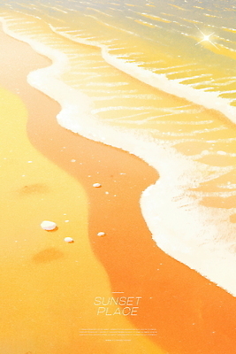 PSD 물결 일러스트 풍경 해변 사람없음 모래사장 노을 주황색 조약돌 국내일러스트 자연요소 바다 컬러 돌_바위 파일형식