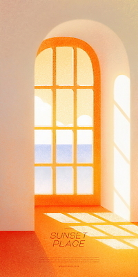 PSD 일러스트 실내 풍경 사람없음 햇빛 노을 주황색 창가 아치 국내일러스트 자연요소 컬러 창문 내부 태양 파일형식