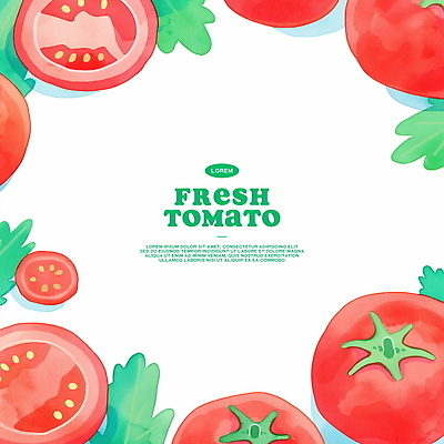 PSD 잎 토마토 일러스트 단면 수채화 프레임 사람없음 빨간색 카피스페이스 국내일러스트 식물 컬러 채소 공백 파일형식