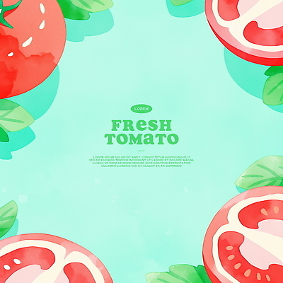 PSD 잎 토마토 일러스트 단면 수채화 프레임 사람없음 초록색 민트색 카피스페이스 국내일러스트 식물 컬러 채소 공백 파일형식