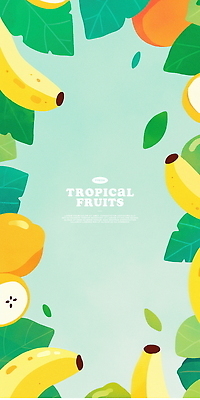 PSD 일러스트 수채화 프레임 바나나 사람없음 초록색 열대잎 카피스페이스 트로피컬아트 국내일러스트 컬러 잎 과일 공백 그림 파일형식