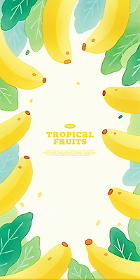 PSD 일러스트 수채화 프레임 바나나 사람없음 연두색 노란색 열대잎 카피스페이스 트로피컬아트 국내일러스트 컬러 잎 과일 초록색 공백 그림 파일형식